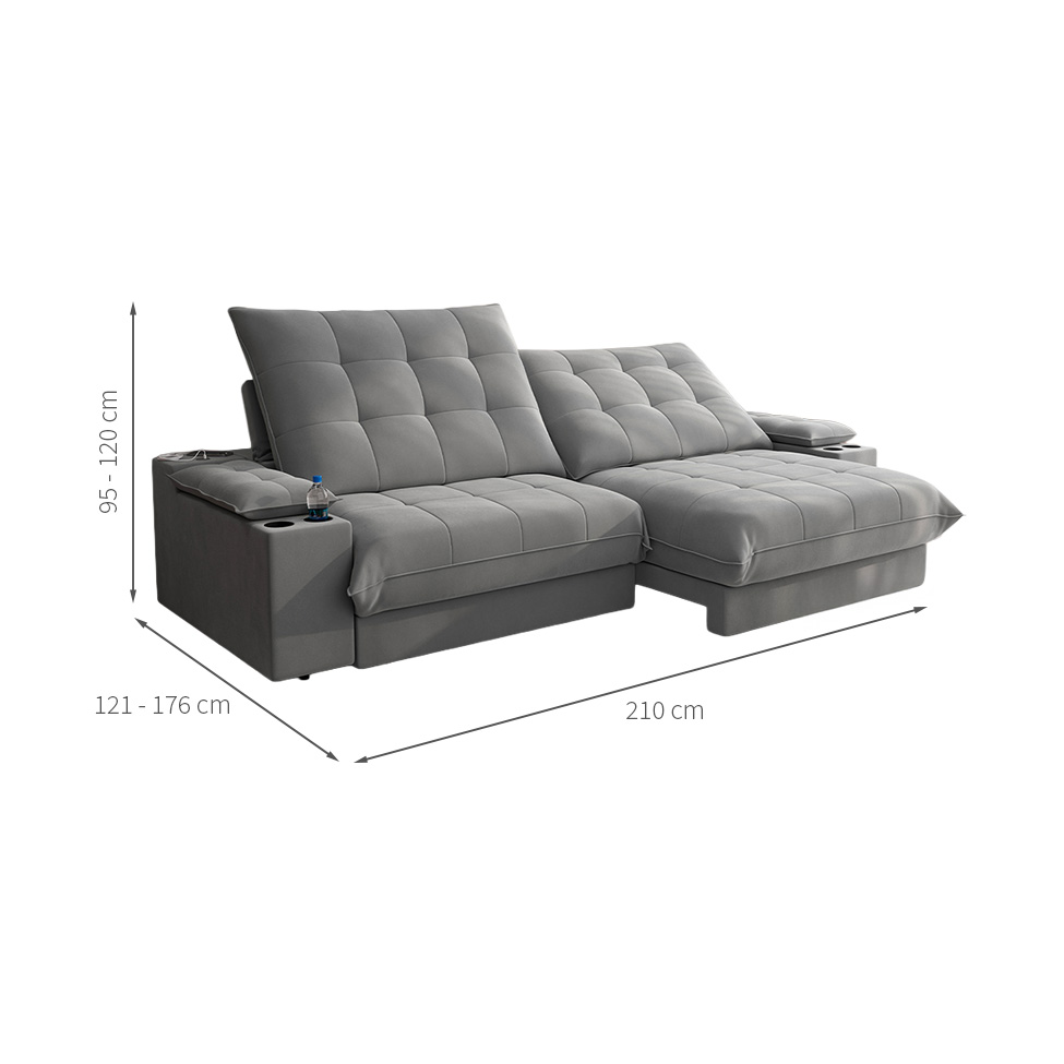 Sofá 3 Lugares Retrátil e Reclinável Volare com USB e Porta-Copos Veludo Cinza