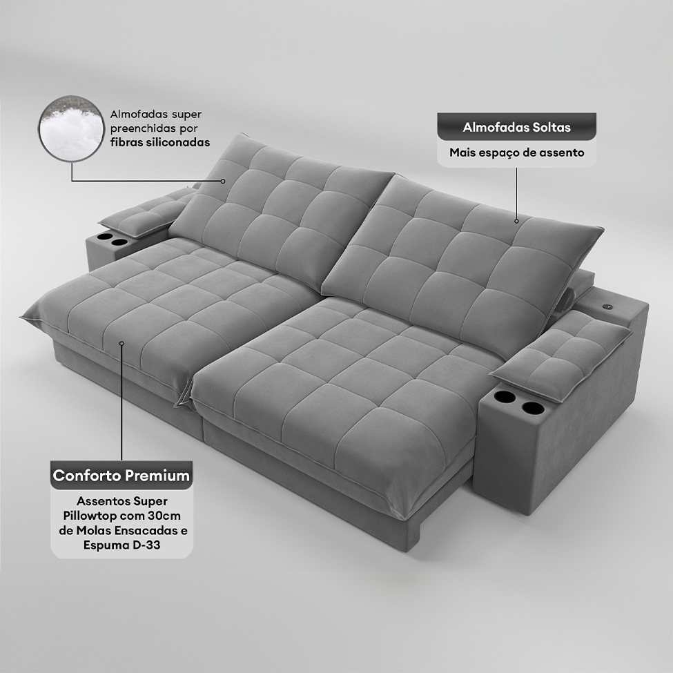 Sofá 3 Lugares Retrátil e Reclinável Volare com USB e Porta-Copos Veludo Cinza