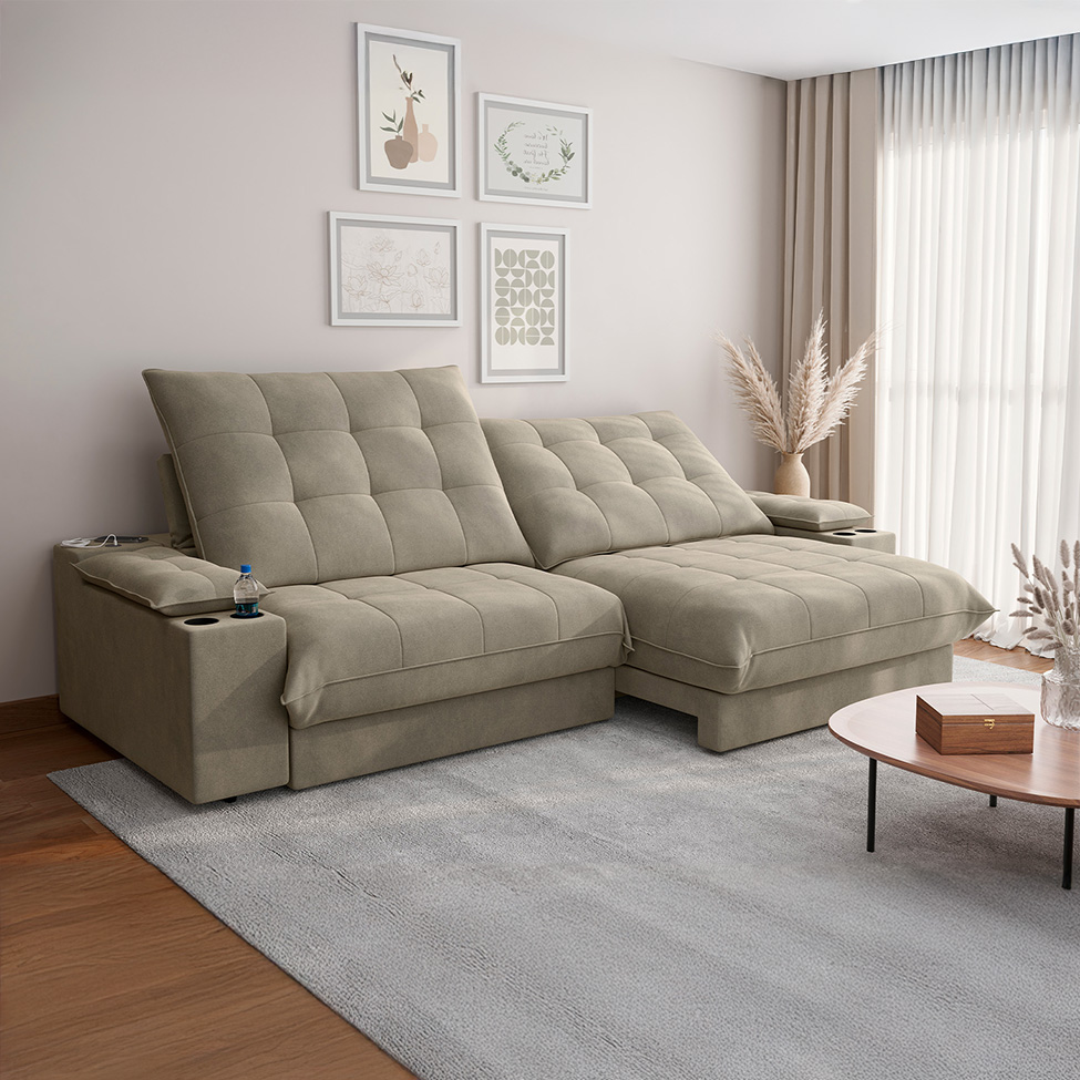 Sofá 3 Lugares Retrátil e Reclinável Volare com USB e Porta-Copos Veludo Fendi