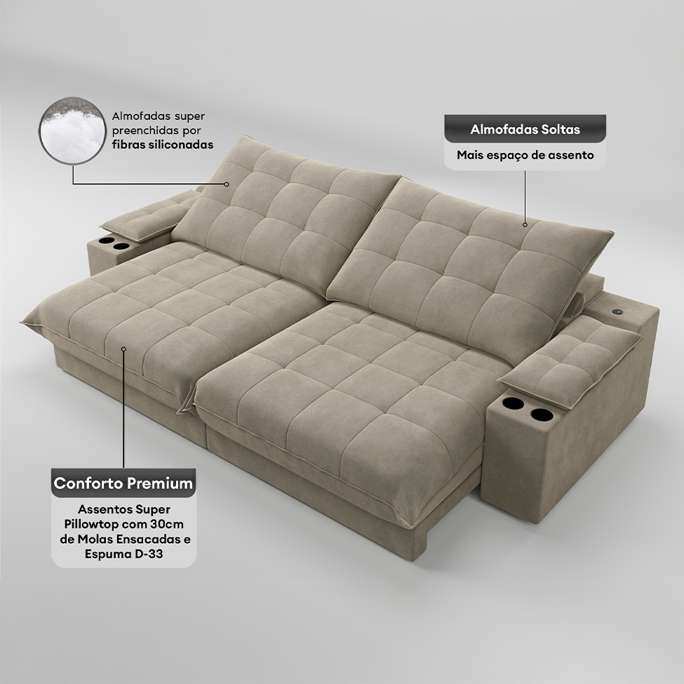 Sofá 3 Lugares Retrátil e Reclinável Volare com USB e Porta-Copos Veludo Fendi