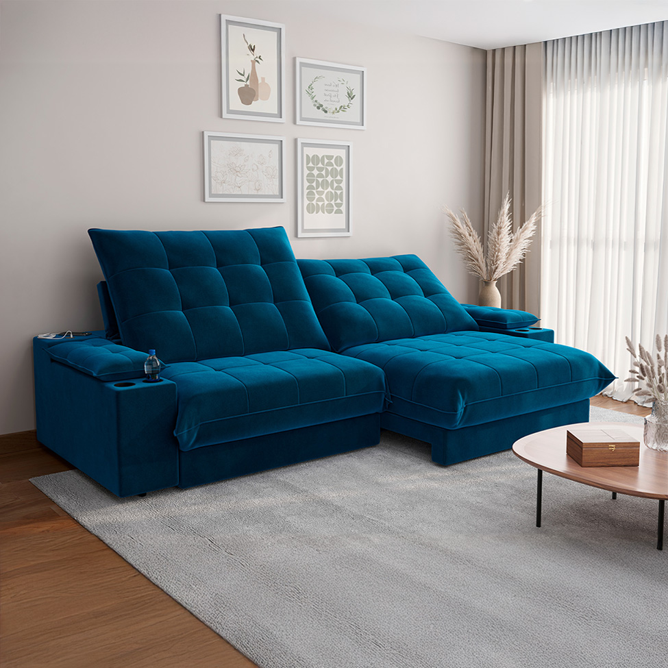 Sofá 3 Lugares Retrátil e Reclinável Volare com USB e Porta-Copos Veludo Marinho