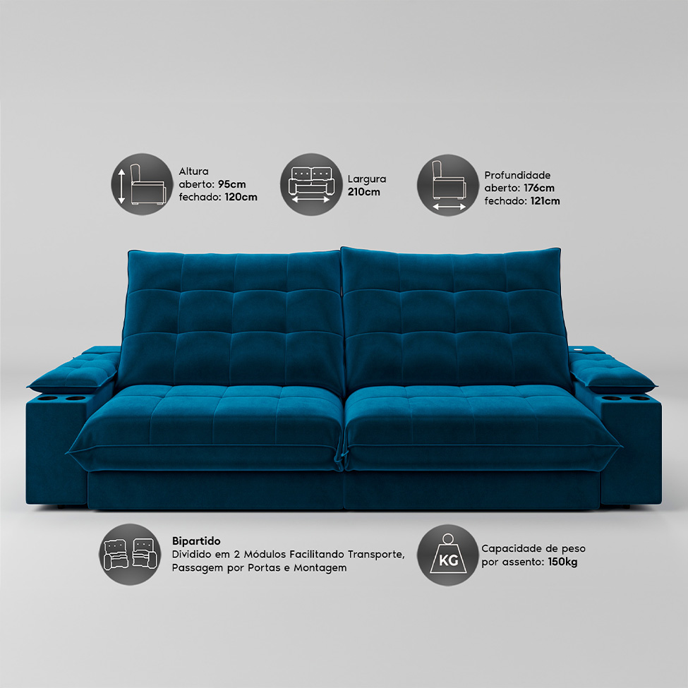 Sofá 3 Lugares Retrátil e Reclinável Volare com USB e Porta-Copos Veludo Marinho