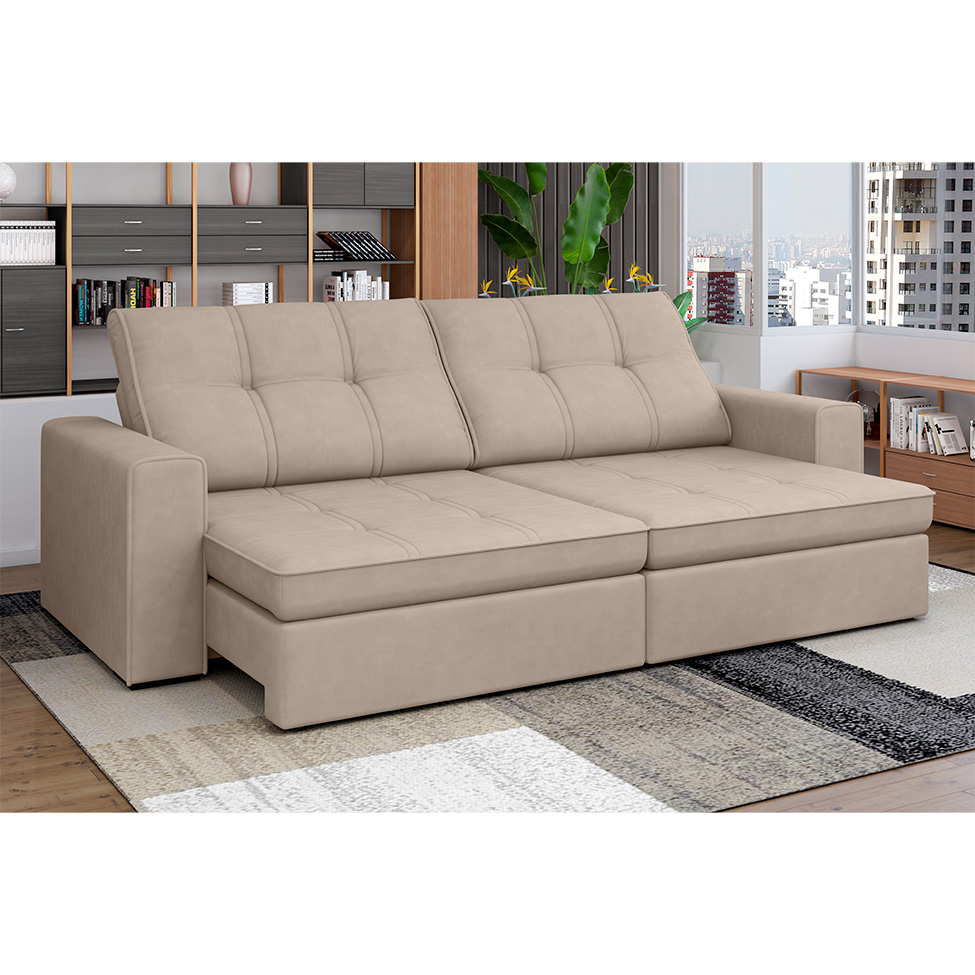Sofá 3 Lugares Retrátil e Reclinável com USB Versalhes Molas Suede Camurça 210 cm