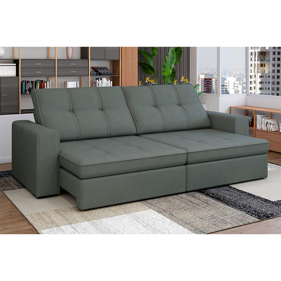 Sofá 3 Lugares Retrátil e Reclinável com USB Versalhes Molas Suede Chumbo 210 cm