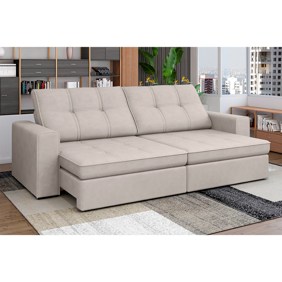 Sofá 3 Lugares Retrátil e Reclinável com USB Versalhes Molas Suede Marfim 210 cm