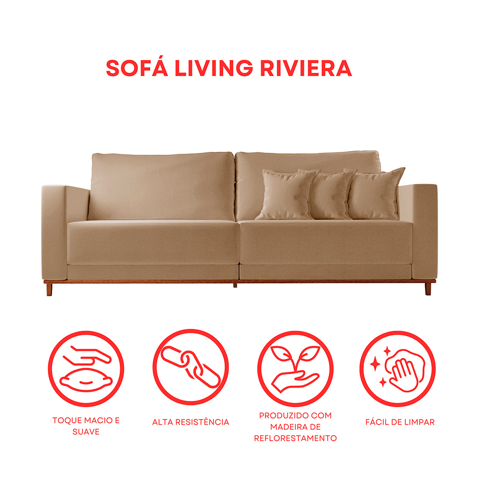 Sofá 3 Lugares Riviera Linho Bege 190 cm