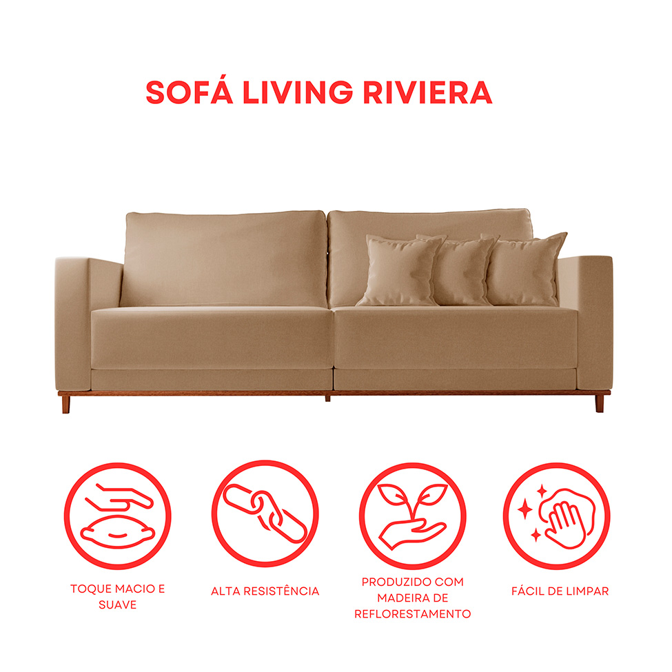 Sofá 3 Lugares Riviera Linho Bege 230 cm