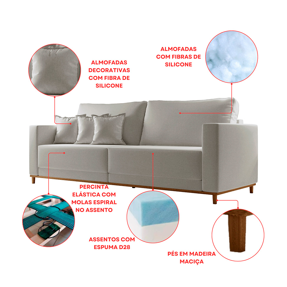 Sofá 3 Lugares Riviera Linho Cinza 210 cm