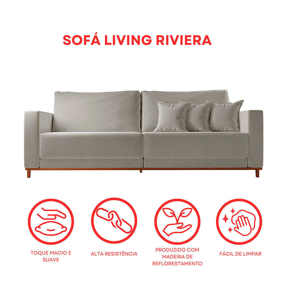 Sofá 3 Lugares Riviera Linho Cinza 210 cm