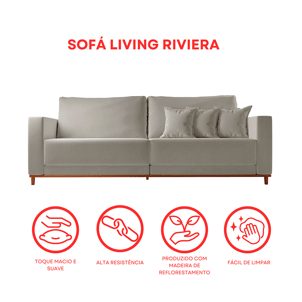 Sofá 3 Lugares Riviera Linho Cinza 230 cm