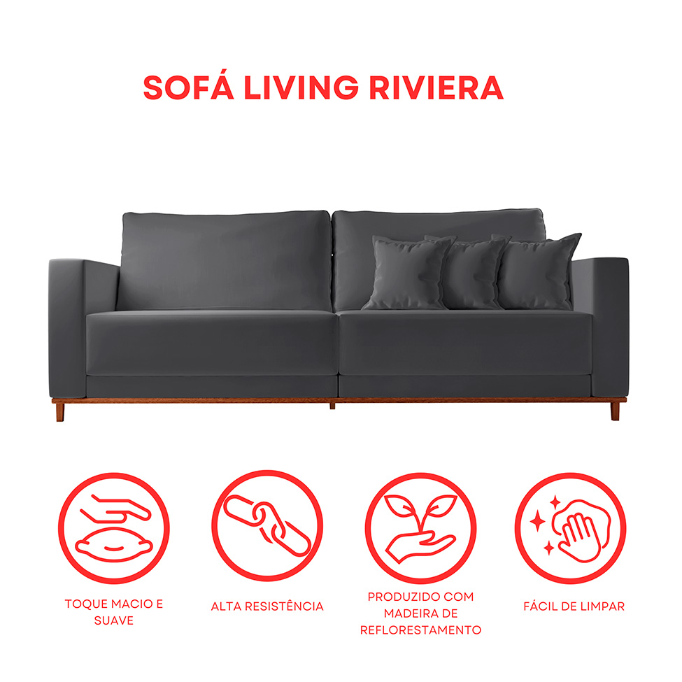Sofá 3 Lugares Riviera Veludo Cinza 190 cm