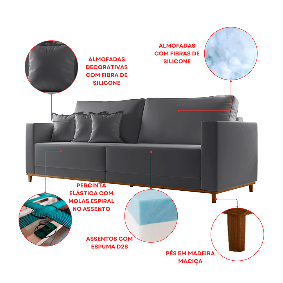 Sofá 3 Lugares Riviera Veludo Cinza 190 cm