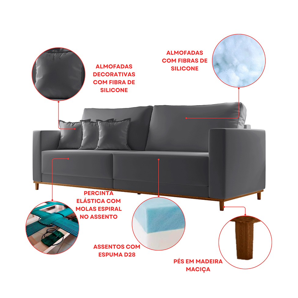Sofá 3 Lugares Riviera Veludo Cinza 210 cm