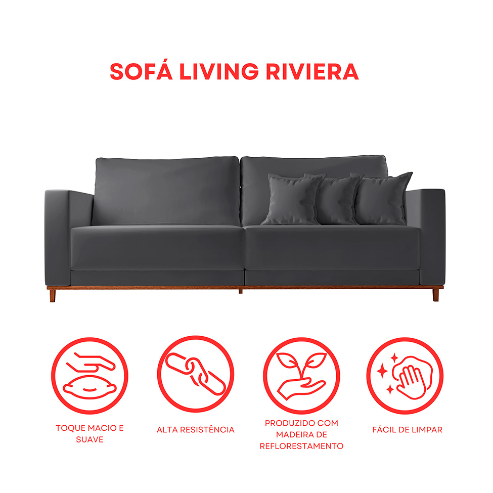 Sofá 3 Lugares Riviera Veludo Cinza 210 cm