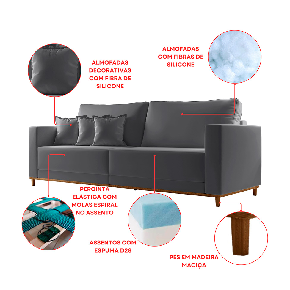 Sofá 3 Lugares Riviera Veludo Cinza 230 cm