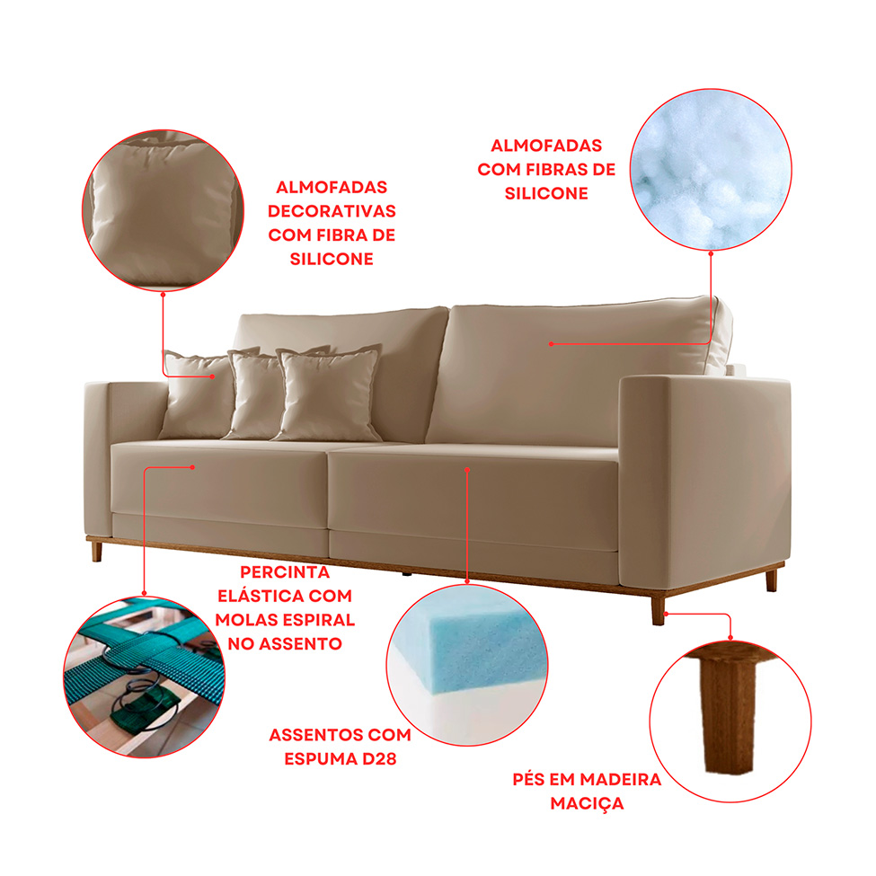 Sofá 3 Lugares Riviera Veludo Marrom 210 cm
