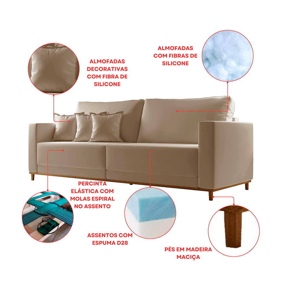 Sofá 3 Lugares Riviera Veludo Marrom 230 cm