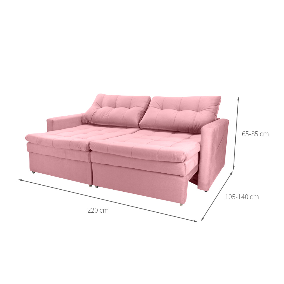 Sofá 3 Lugares Sem Caixa Retrátil e Reclinável Nayla Veludo Rosa 220 cm