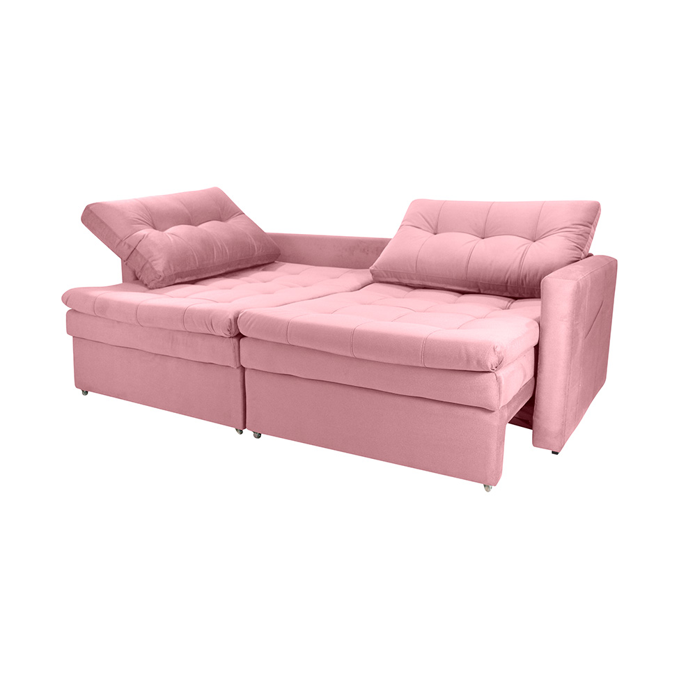 Sofá 3 Lugares Sem Caixa Retrátil e Reclinável Nayla Veludo Rosa 220 cm