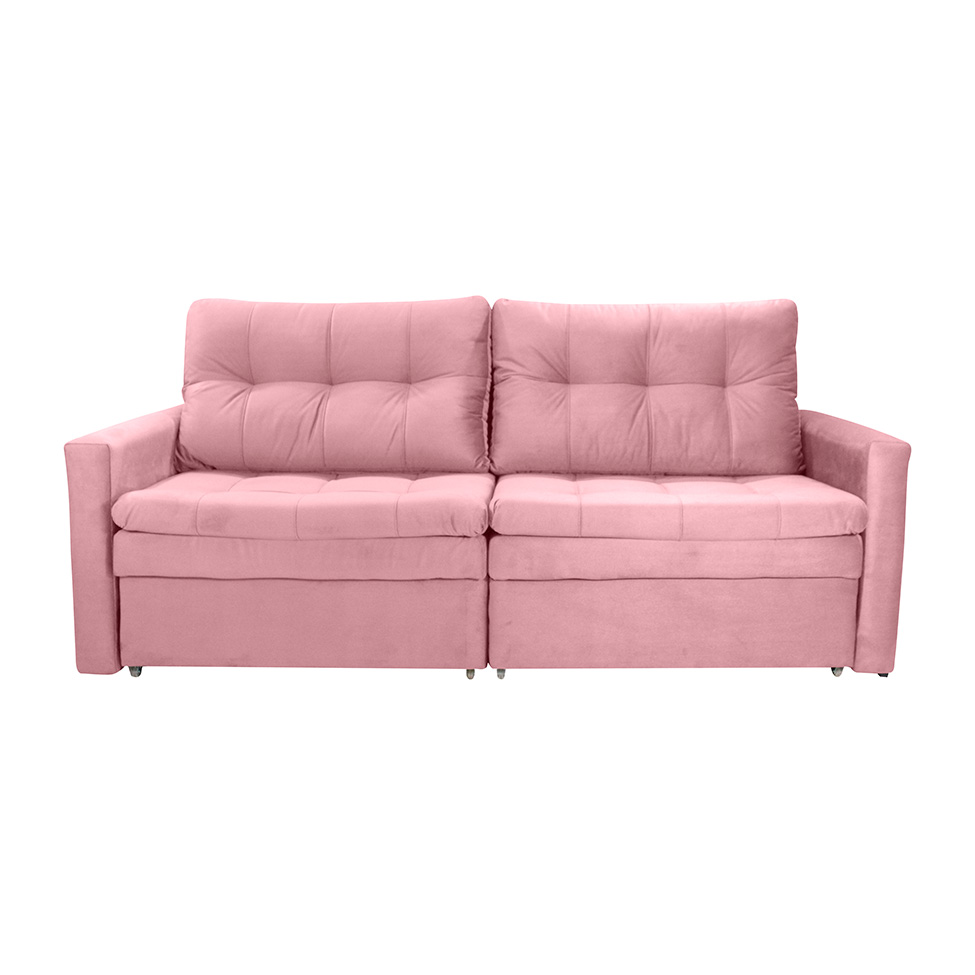 Sofá 3 Lugares Sem Caixa Retrátil e Reclinável Nayla Veludo Rosa 220 cm