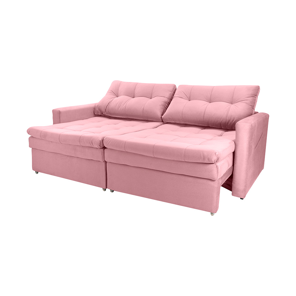 Sofá 3 Lugares Sem Caixa Retrátil e Reclinável Nayla Veludo Rosa 220 cm