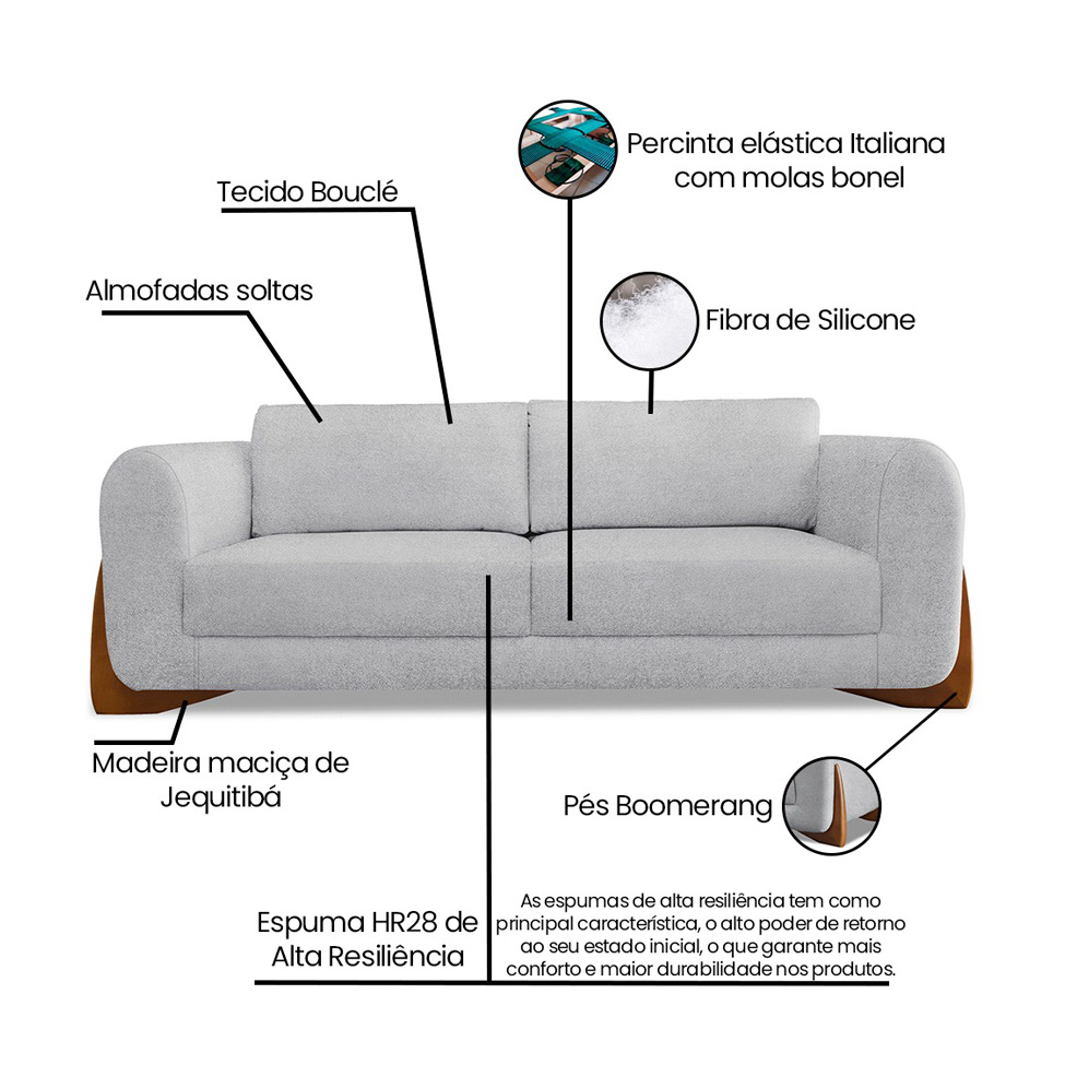 Sofá 3 Lugares Yves Bouclé Cinza 180 cm