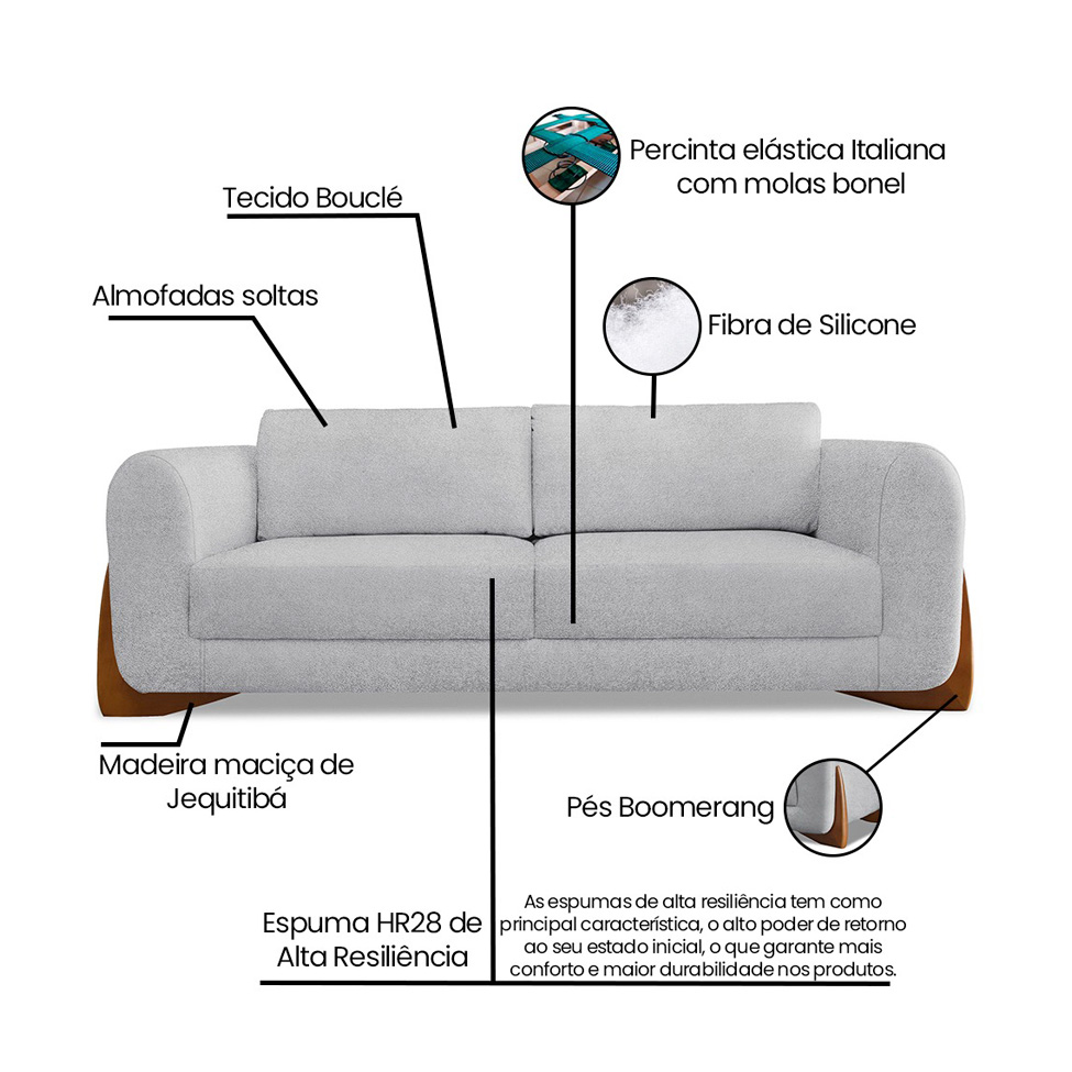 Sofá 3 Lugares Yves Bouclé Cinza 220 cm