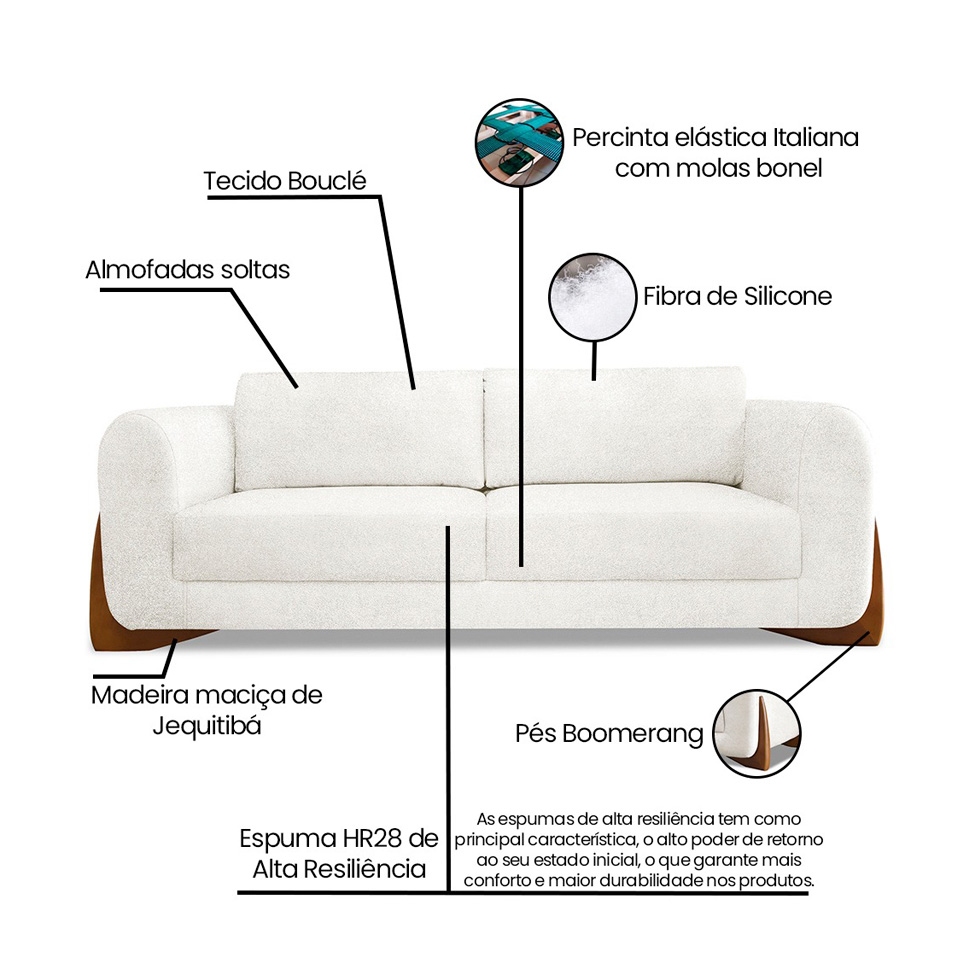 Sofá 3 Lugares Yves Bouclé Off White 180 cm