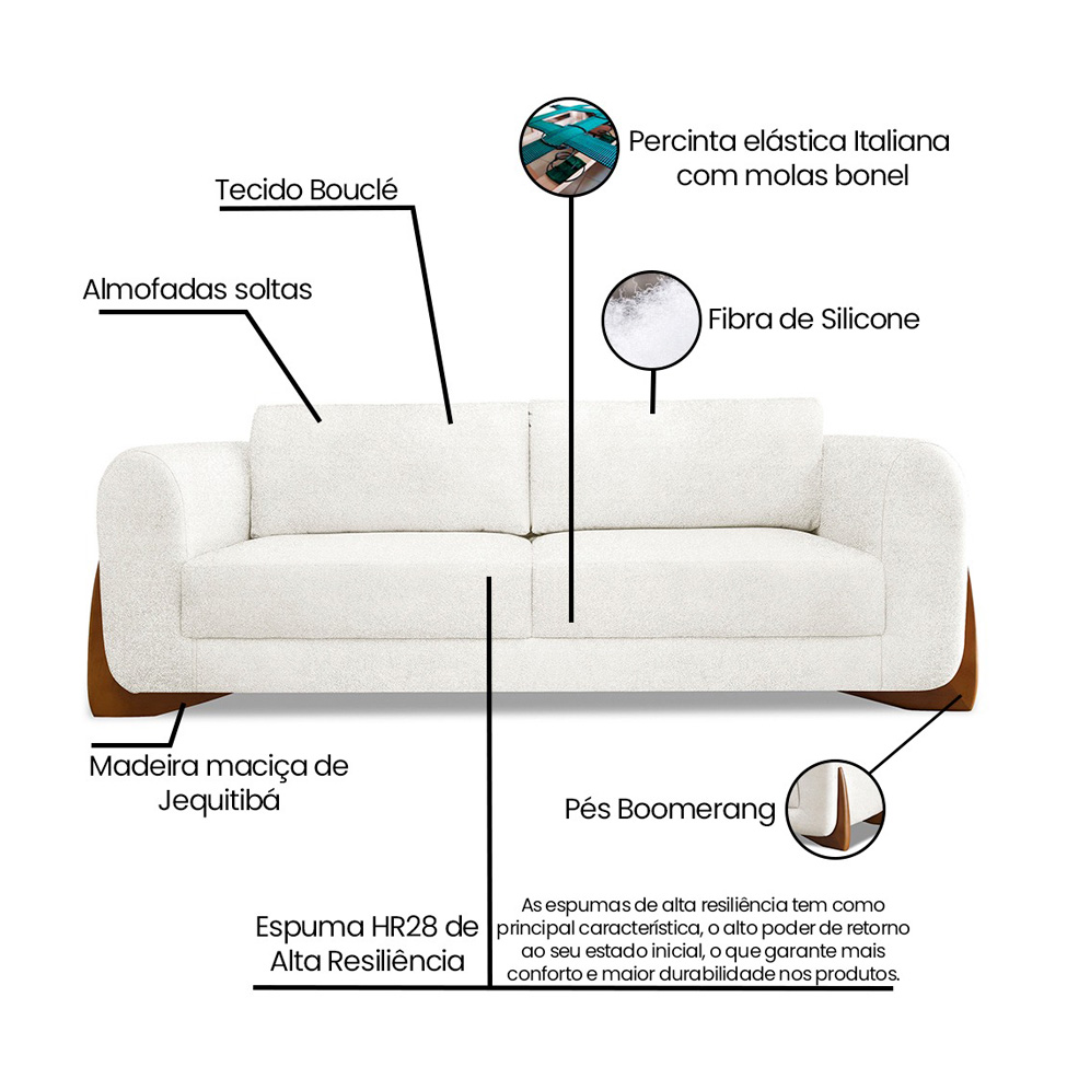 Sofá 3 Lugares Yves Bouclé Off White 200 cm