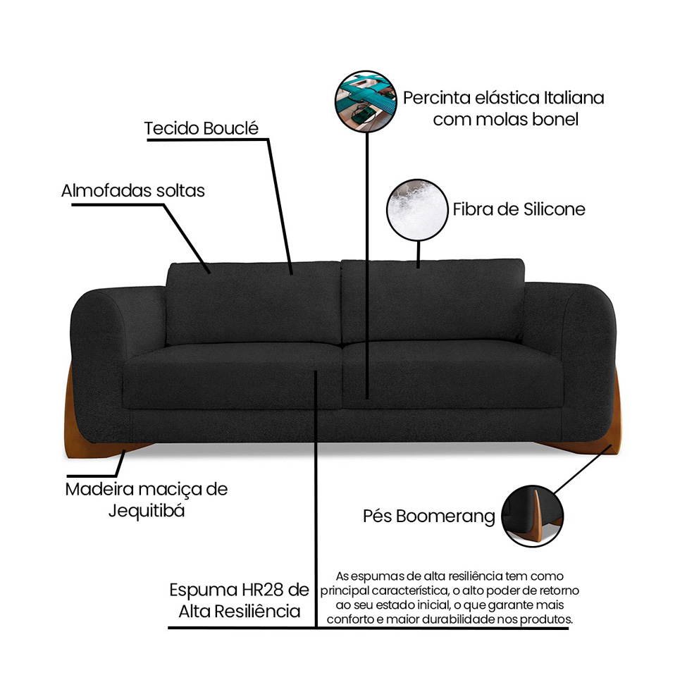 Sofá 3 Lugares Yves Bouclé Preto 180 cm