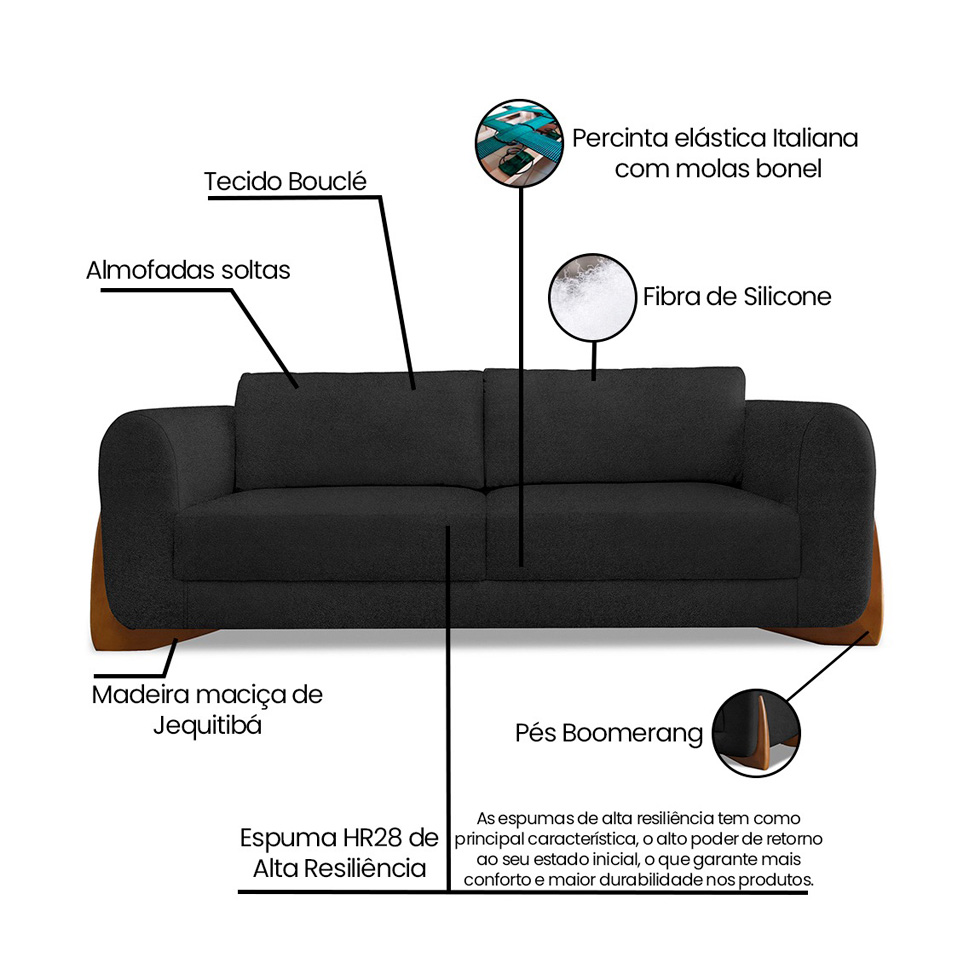 Sofá 3 Lugares Yves Bouclé Preto 220 cm