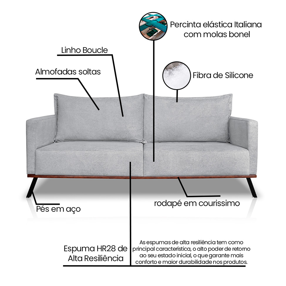 Sofá 3 Lugares Zeus Linho Bouclê Cinza Claro 180 cm