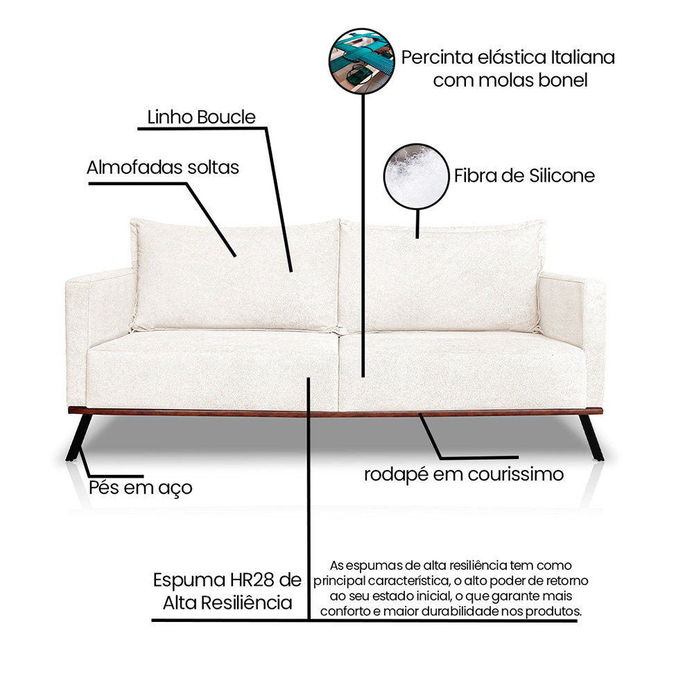 Sofá 3 Lugares Zeus Linho Bouclê Off White 180 cm