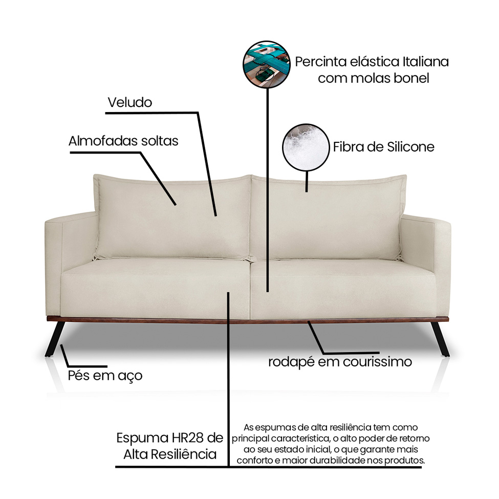 Sofá 3 Lugares Zeus Veludo Bege 220 cm