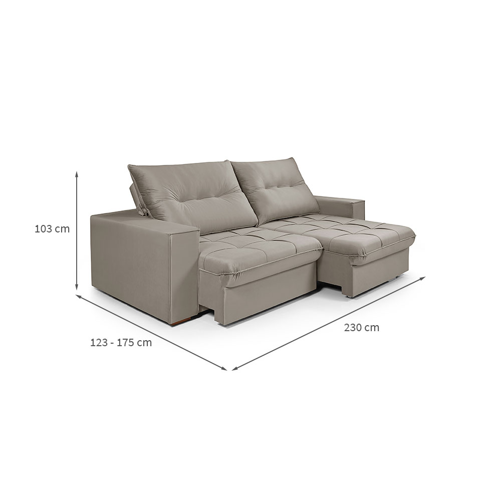Sofá 3 lugares Retrátil e Reclinavél Cancun Veludo Capuccino 230 cm