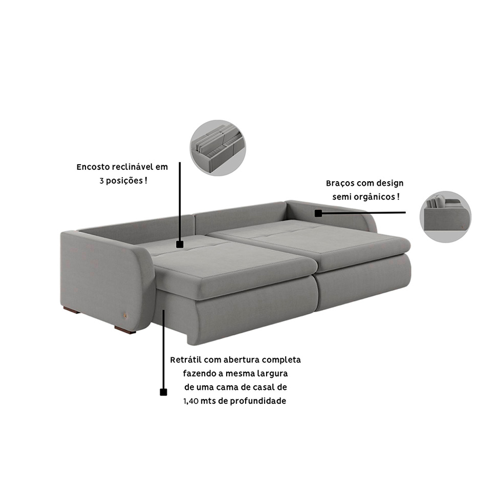 Sofá 4 Lugares Retrátil e Recinável Sunset Linho Gelo 260 cm