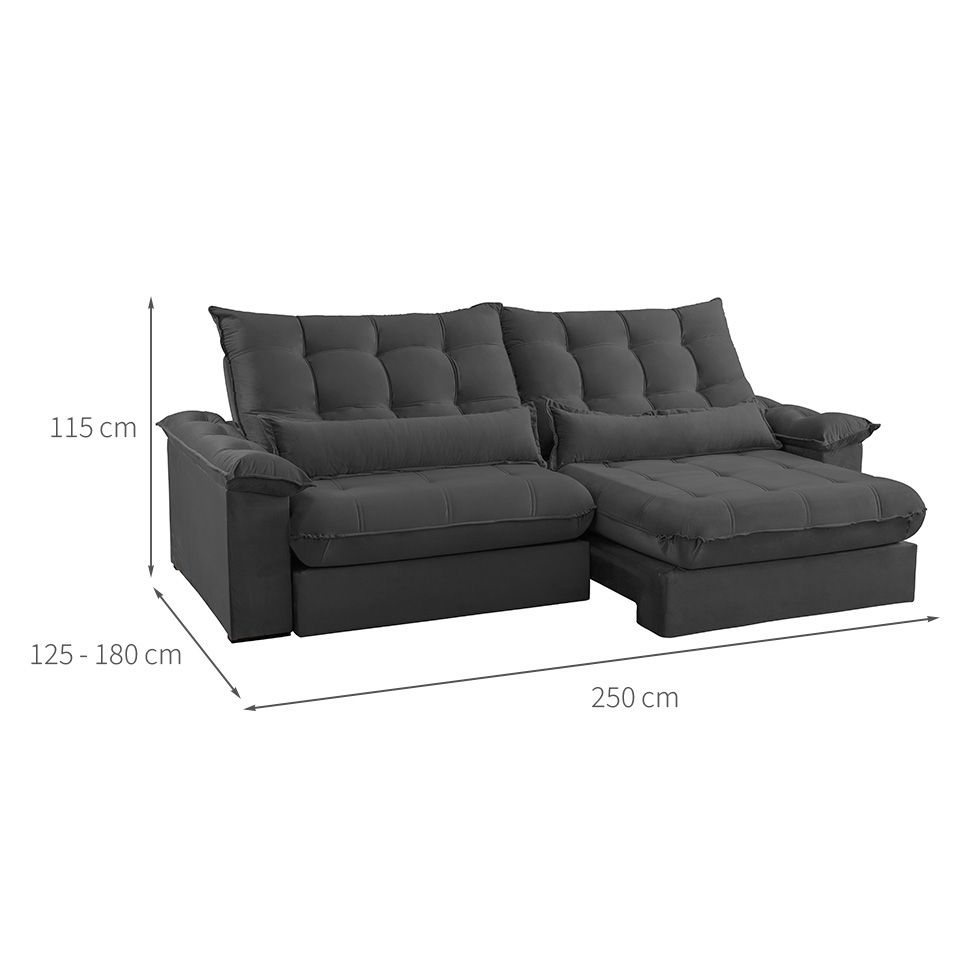 Sofá 4 Lugares Retrátil e Reclinável Aruba Veludo Chumbo 250 cm