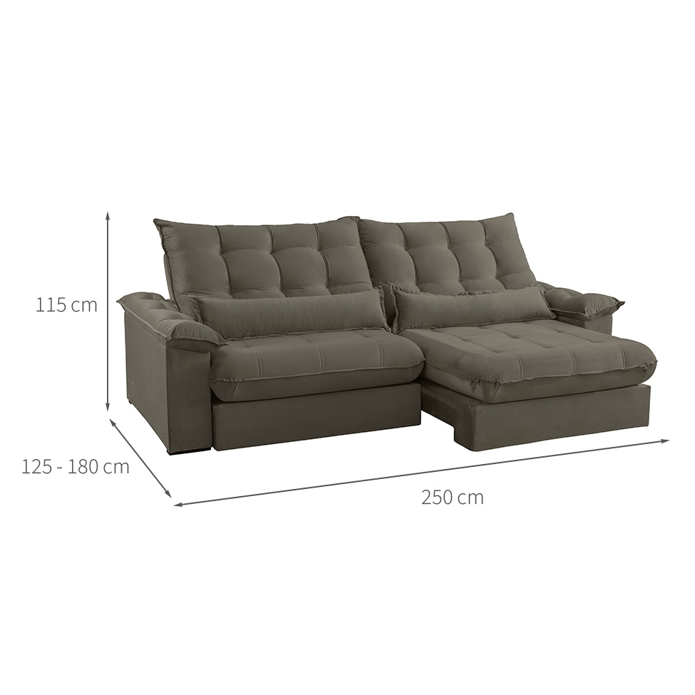 Sofá 4 Lugares Retrátil e Reclinável Aruba Veludo Cinza 250 cm