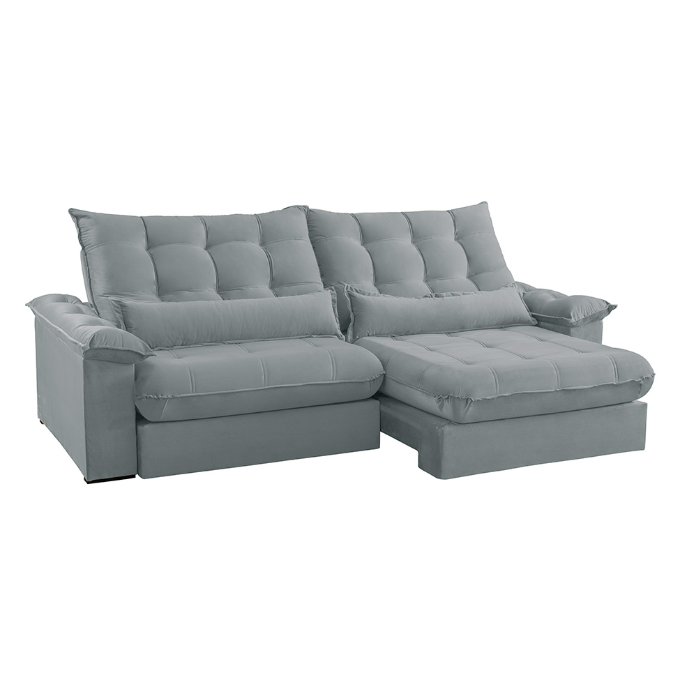 Sofá 4 Lugares Retrátil e Reclinável Aruba Veludo Cinza Claro 250 cm