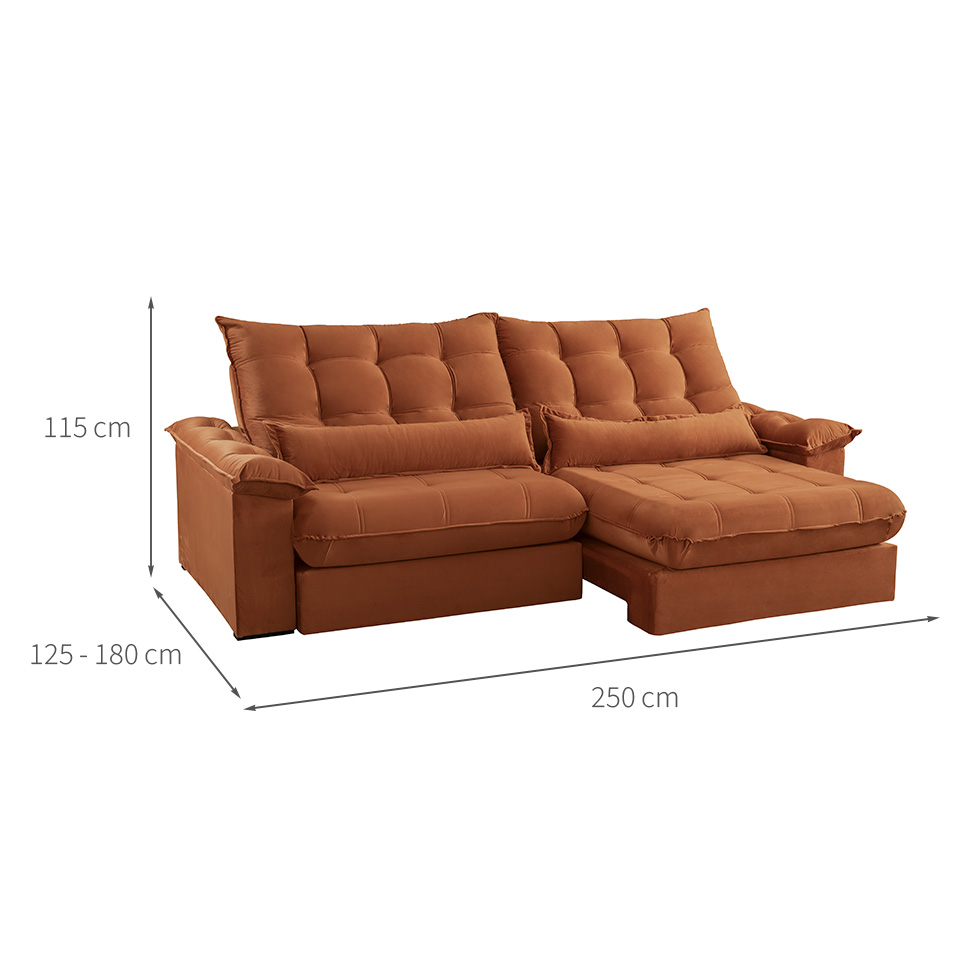 Sofá 4 Lugares Retrátil e Reclinável Aruba Veludo Terracota 250 cm