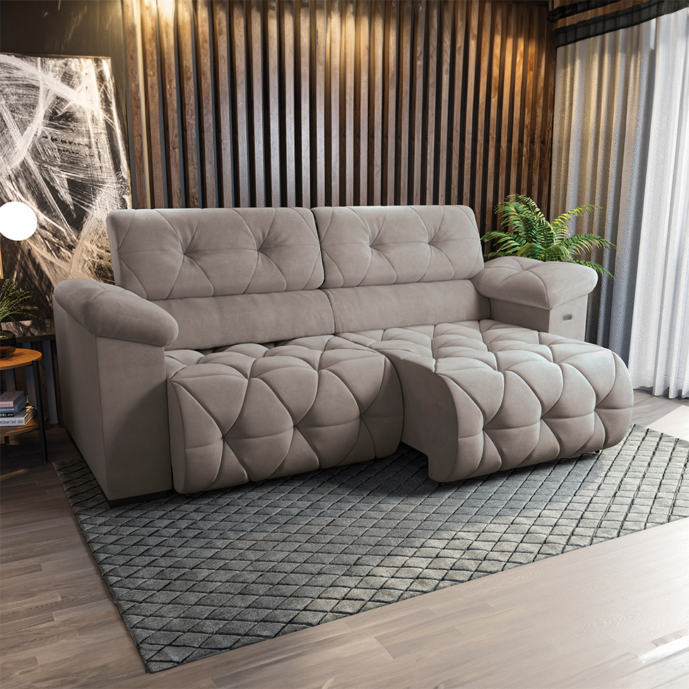 Sofá 4 Lugares Retrátil e Reclinável Astro Veludo Cinza Claro