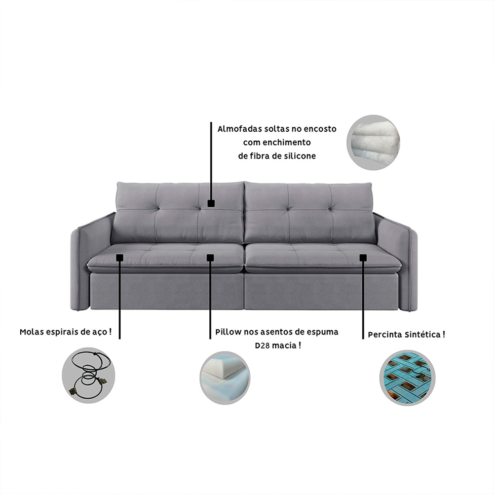 Sofá 4 Lugares Retrátil e Reclinável Braga Linho Cinza 260 cm