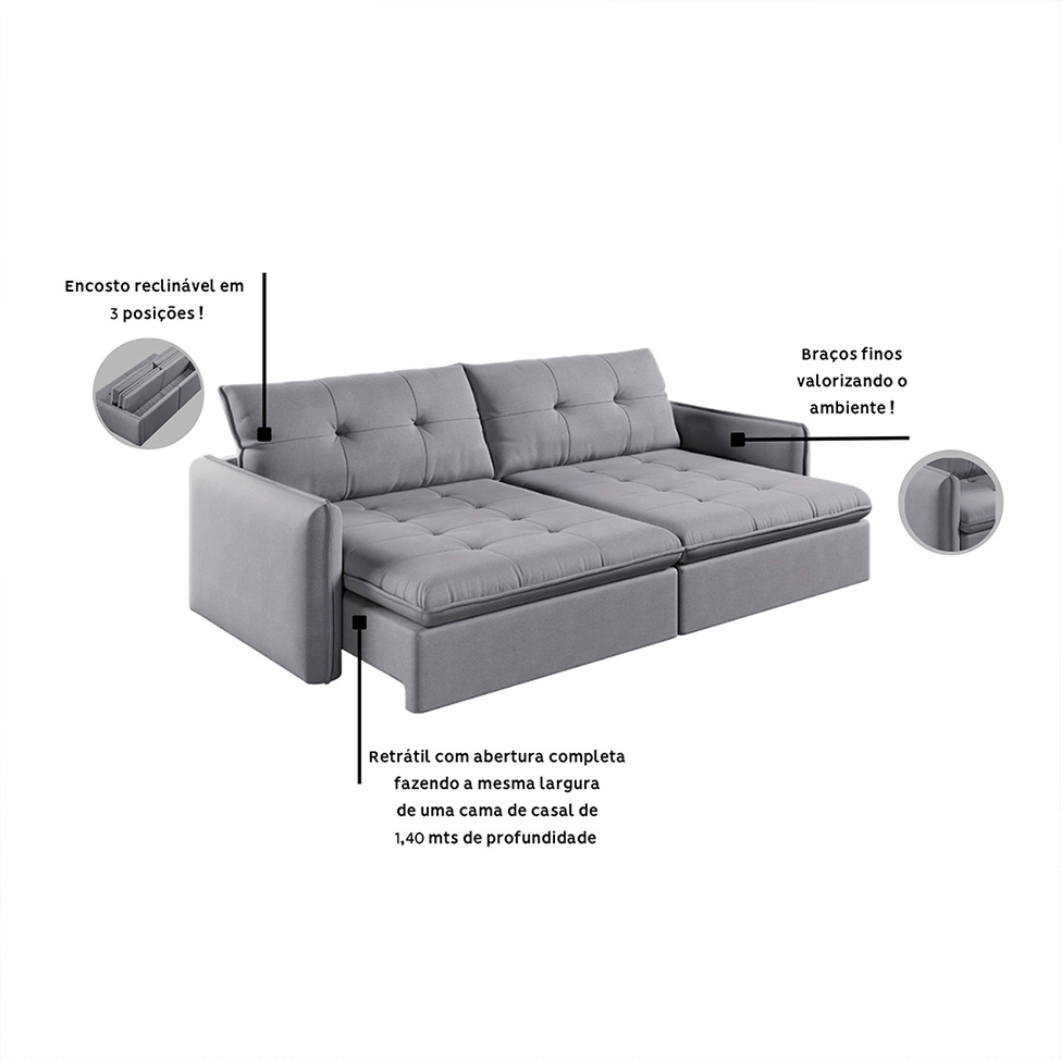 Sofá 4 Lugares Retrátil e Reclinável Braga Linho Cinza 260 cm