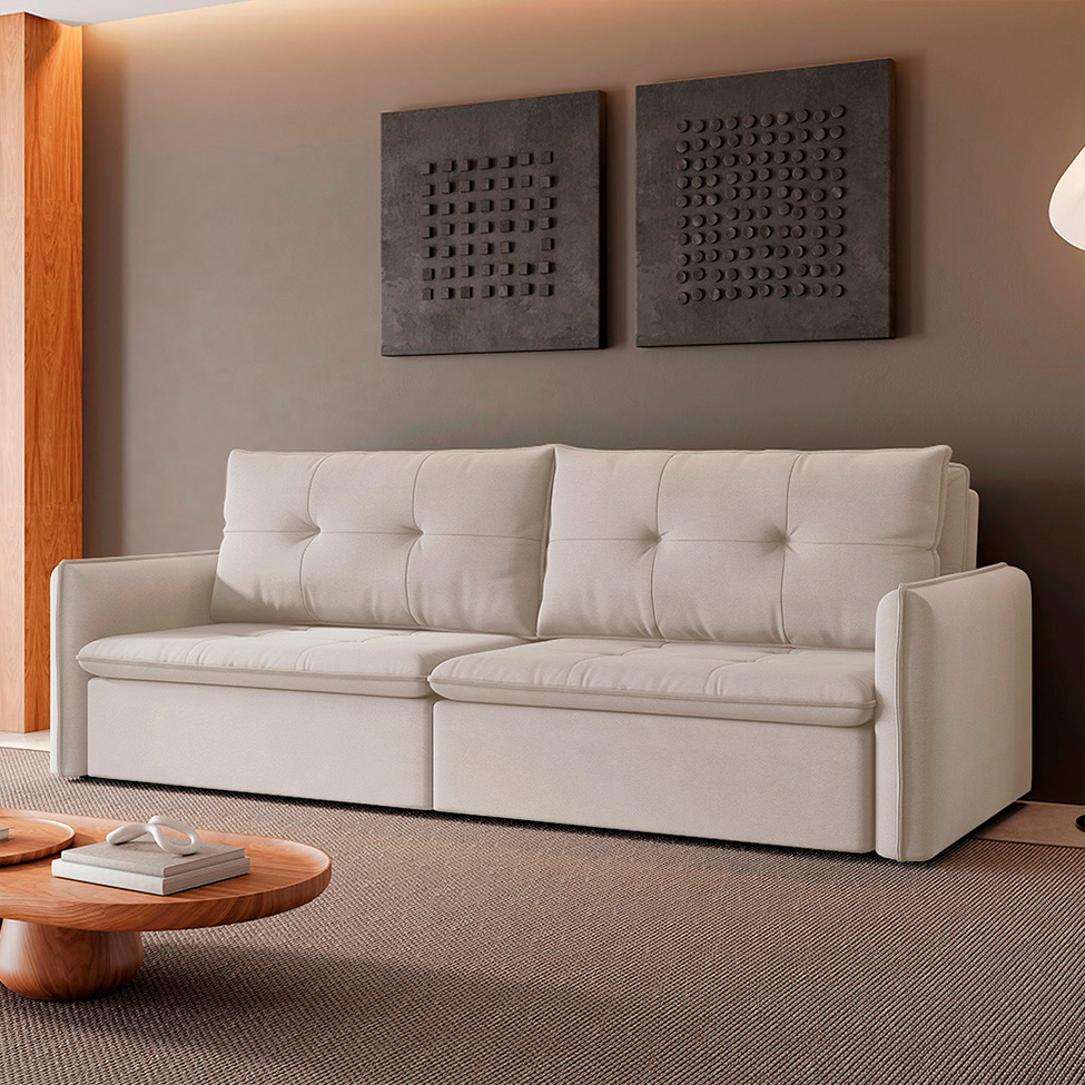 Sofá 4 Lugares Retrátil e Reclinável Braga Linho Cru 260 cm