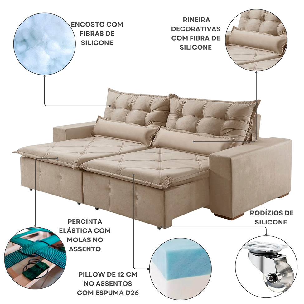 Sofá 4 Lugares Retrátil e Reclinável França Veludo Areia 270 cm