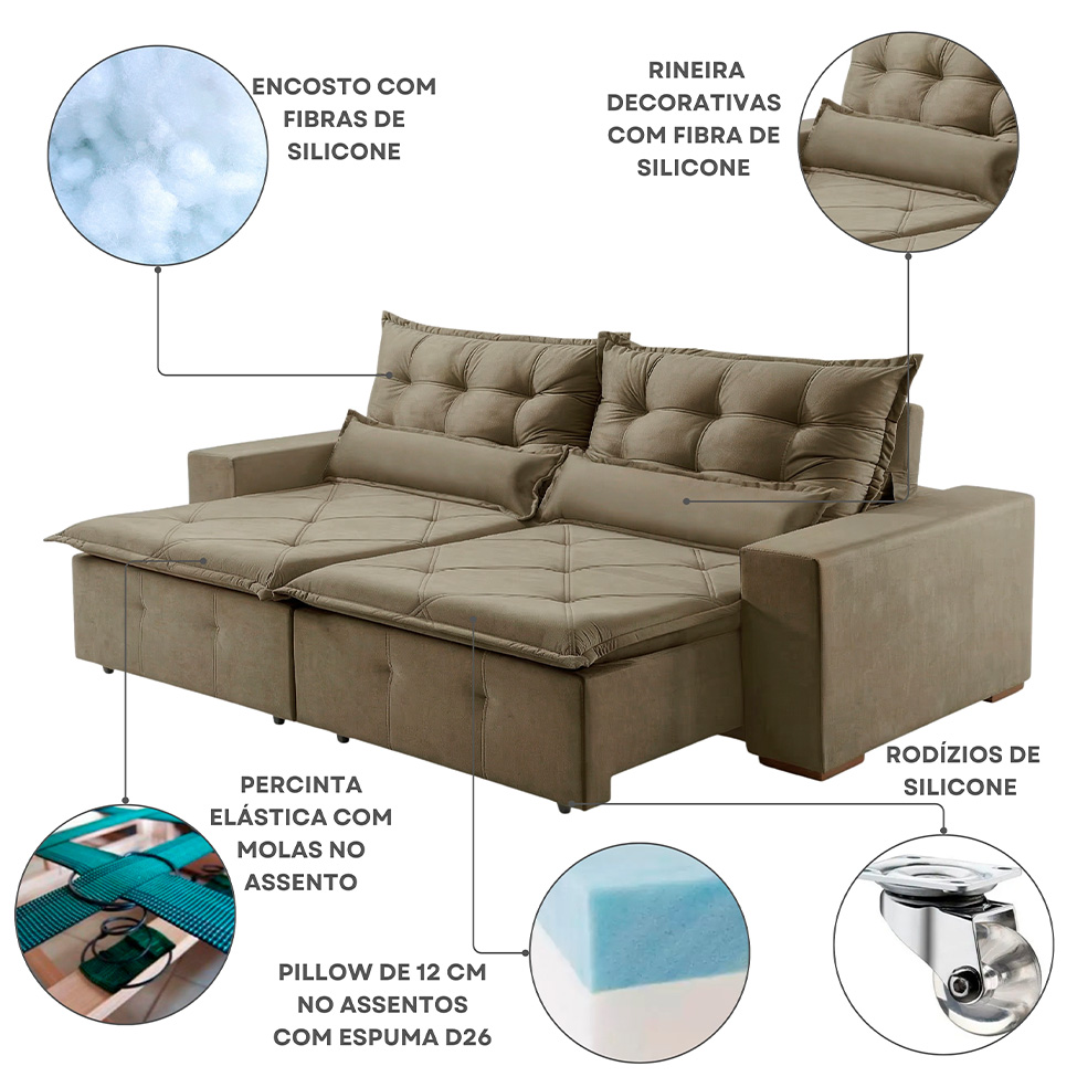 Sofá 4 Lugares Retrátil e Reclinável França Veludo Bege 270 cm