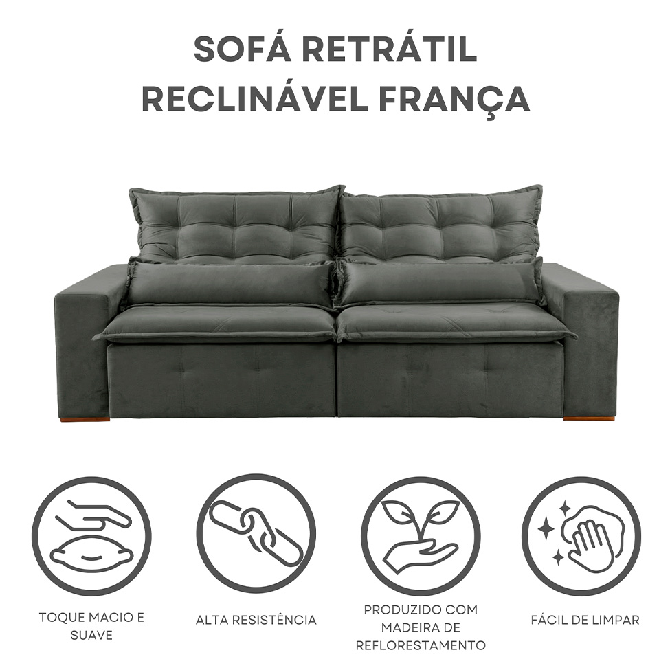 Sofá 4 Lugares Retrátil e Reclinável França Veludo Cinza 270 cm