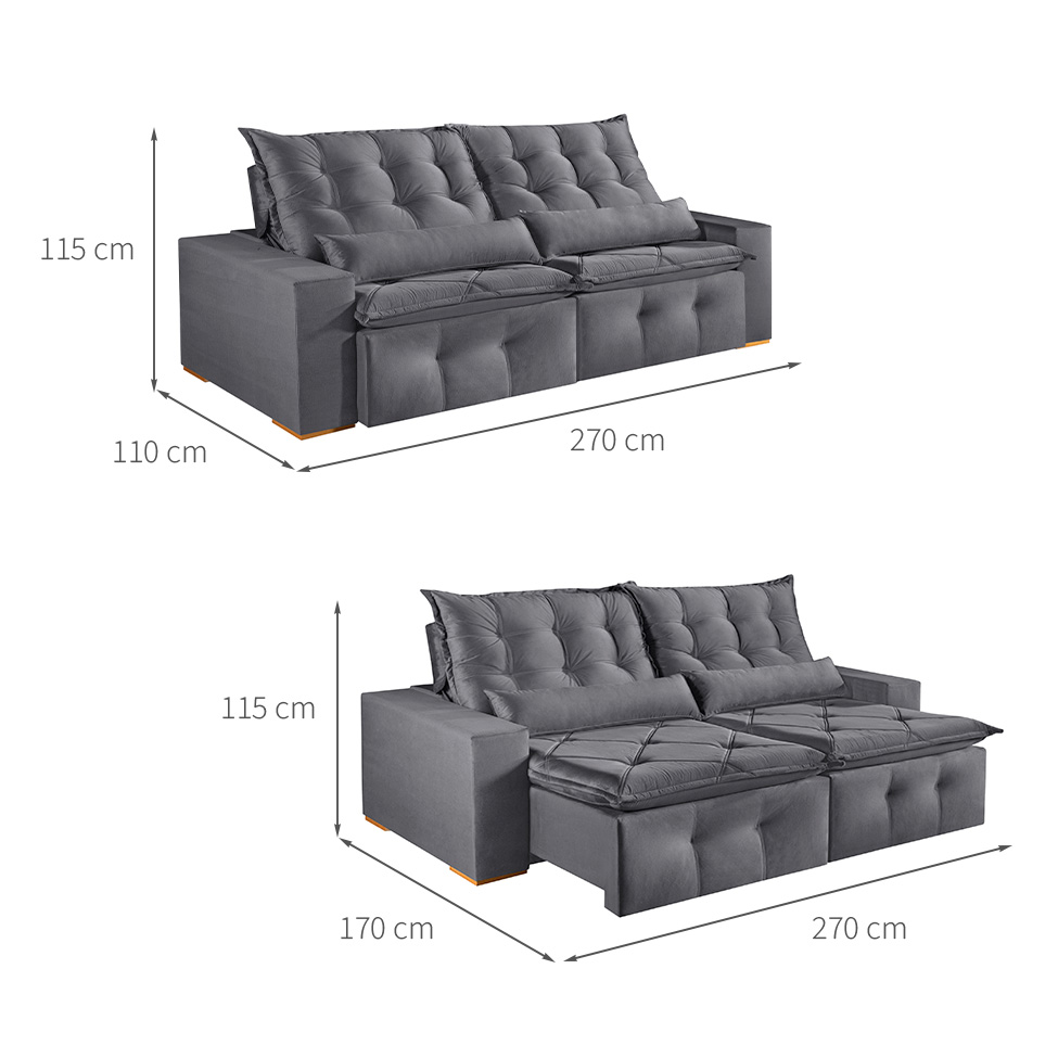 Sofá 4 Lugares Retrátil e Reclinável França Veludo Cinza 270 cm