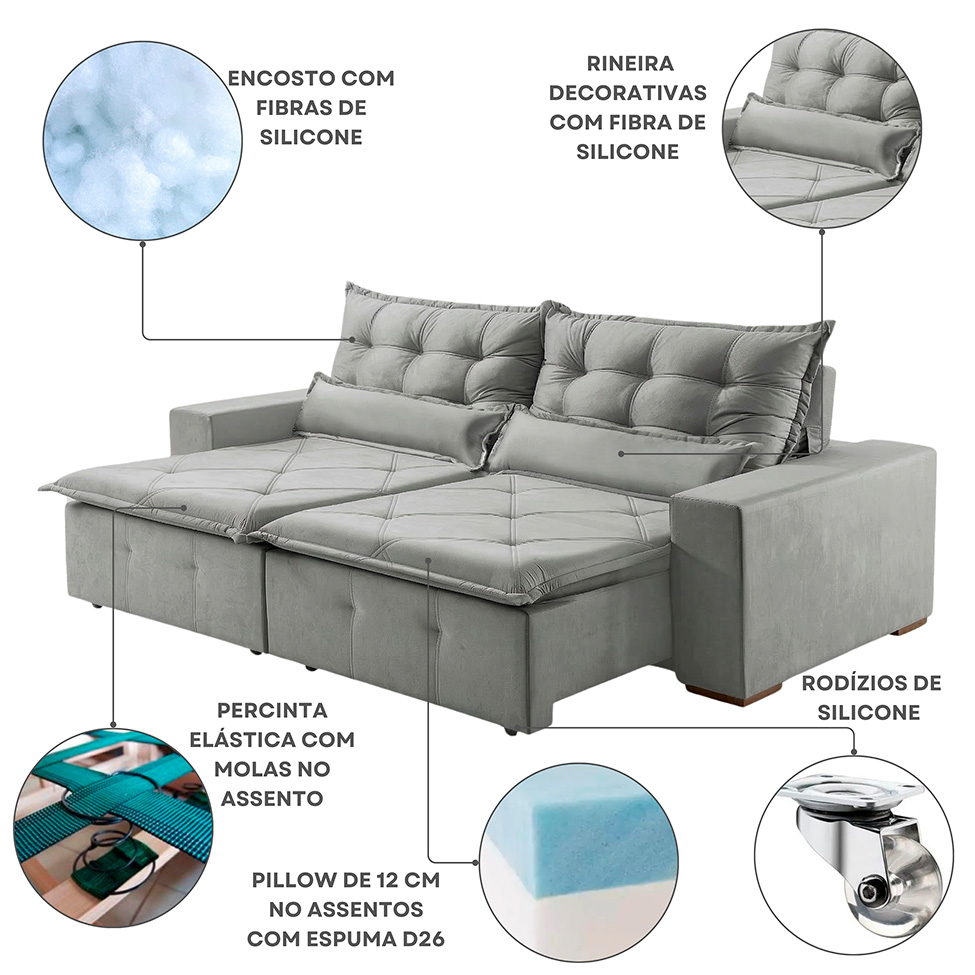 Sofá 4 Lugares Retrátil e Reclinável França Veludo Prata 250 cm