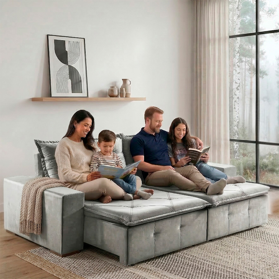 Sofá 4 Lugares Retrátil e Reclinável França Veludo Prata 250 cm